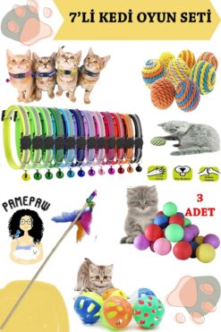 PAMEPAW 7'li Set : Fosforlu Kedi Tasması , Sarma Top , Olta , 3'lü Mini Top , Çıngıraklı Top