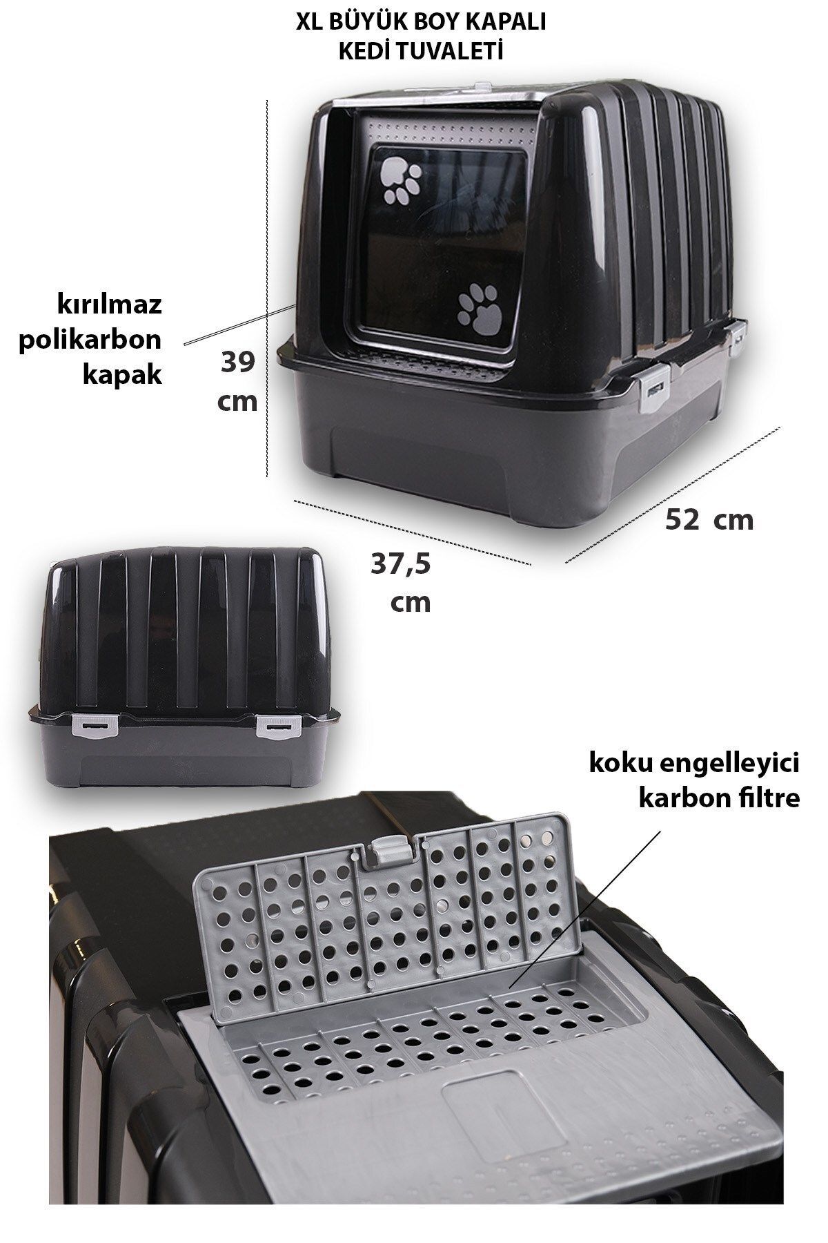 Kurtbay Şekil Lüks Kapalı Kedi Tuvaleti, Filtreli ve Kürek Hediyeli, 52x37,5x39 cm - VN11003 - Görsel 3