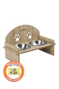 GOBYPET Ahşap Özel Isim Baskılı, Oval Kedi Köpek Mama Su Kabı Standı, Metal Suluk, Kedi Köpek Halısı