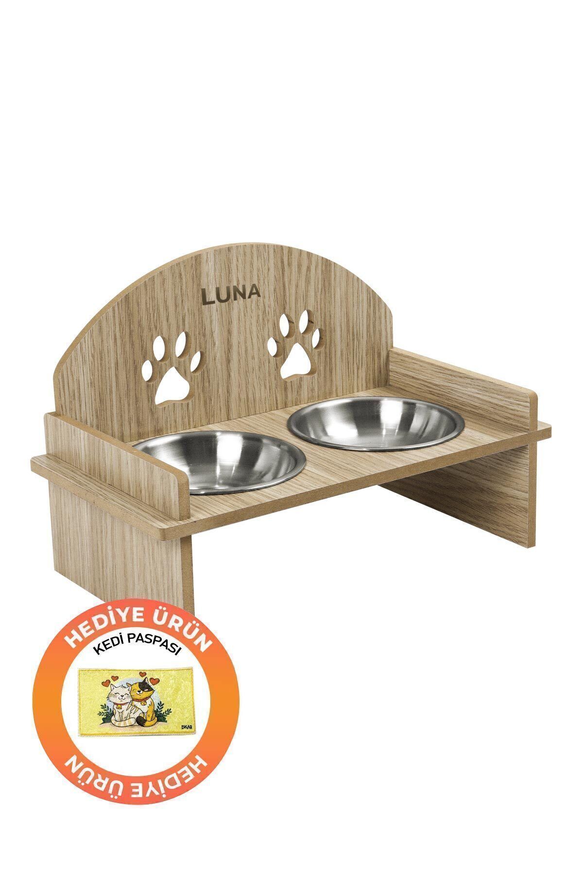 GOBYPET Ahşap Özel Isim Baskılı, Oval Kedi Köpek Mama Su Kabı Standı, Metal Suluk, Kedi Köpek Halısı