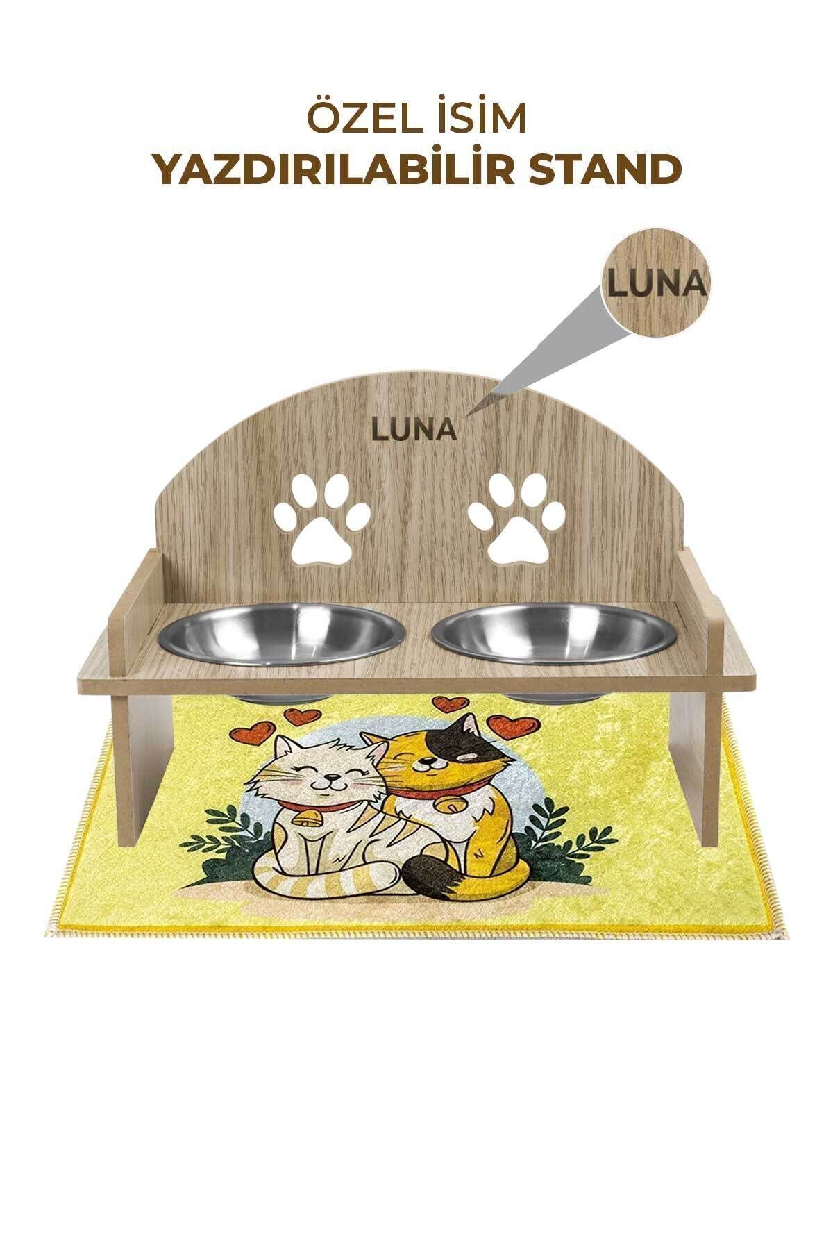 GOBYPET Ahşap Özel Isim Baskılı, Oval Kedi Köpek Mama Su Kabı Standı, Metal Suluk, Kedi Köpek Halısı - Görsel 3