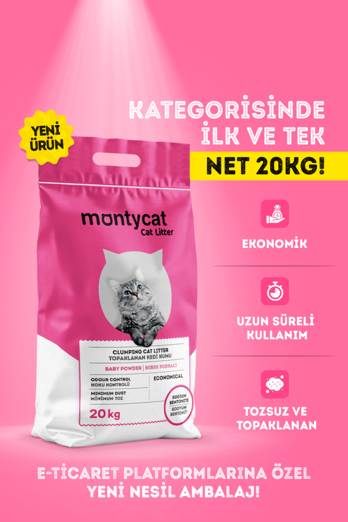 Montycat Net 20KG Yeni Nesil, Ekonomik, Topaklanan, Tozsuz, Bebek Pudralı Bentonit Kedi Kumu