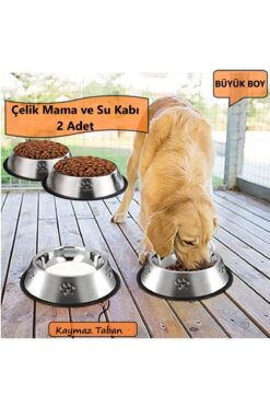 Duffa 2 Adet Paslanmaz Çelik Mama Ve Su Kabı, Alt Taban 22 Cm (500 ML-16 OZ)