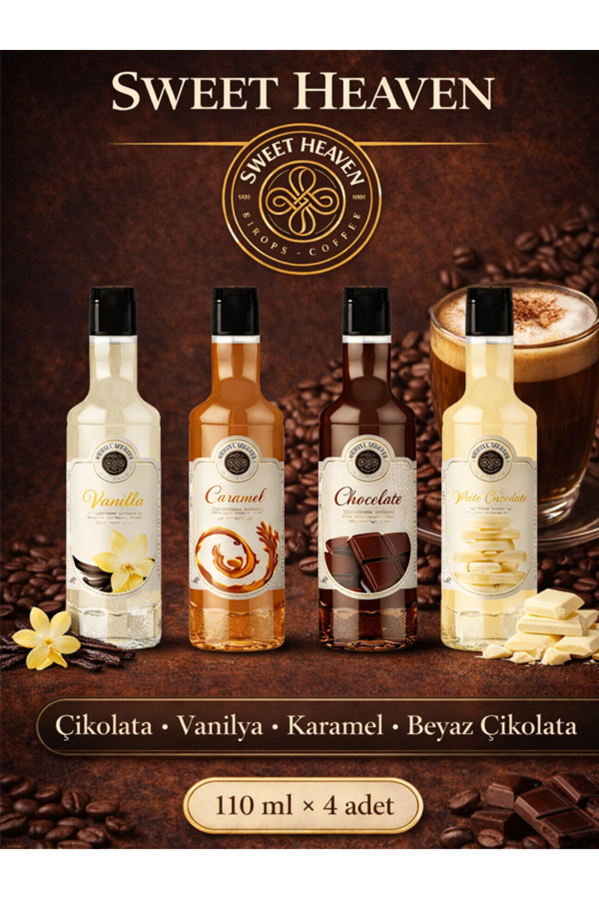 Sweet Heaven 4'lü Karışık Kahve Ve Kokteyl Şurubu 4x110ml (BEYAZ ÇİKOLATA ,KARAMEL,ÇİKOLATA, VANILYA)
