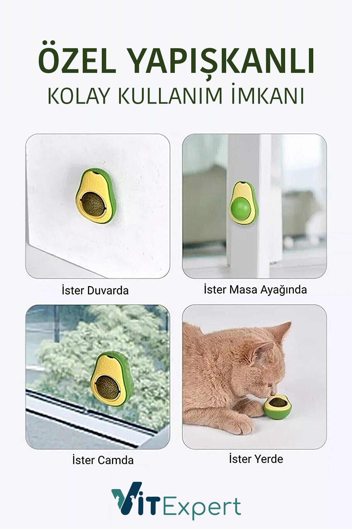 Vitexpert Doğal & Yenilebilir Kedi Nanesi Otu Avokado Kedi Çimi Özel Yapışkanlı 360° Dönen Catnip Yalama Topu - Görsel 3