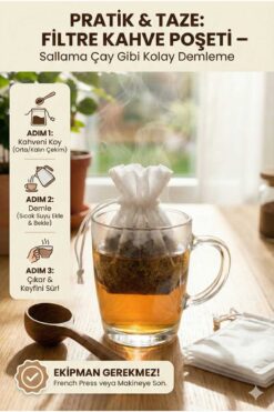 LOVYCO Pratik Filtre Kahve Demleme Poşeti - French Press Gerektirmeyen İpli Kullan At Kağıt Filtre 50'li