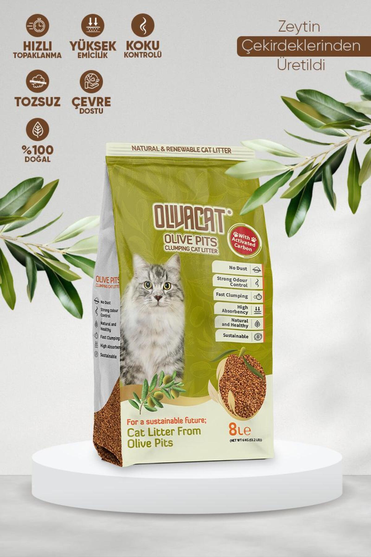 Olivacat Zeytin Çekirdeğinden Üretilen Aktif Karbonlu Tozsuz Doğal Kedi Kumu 8 L
