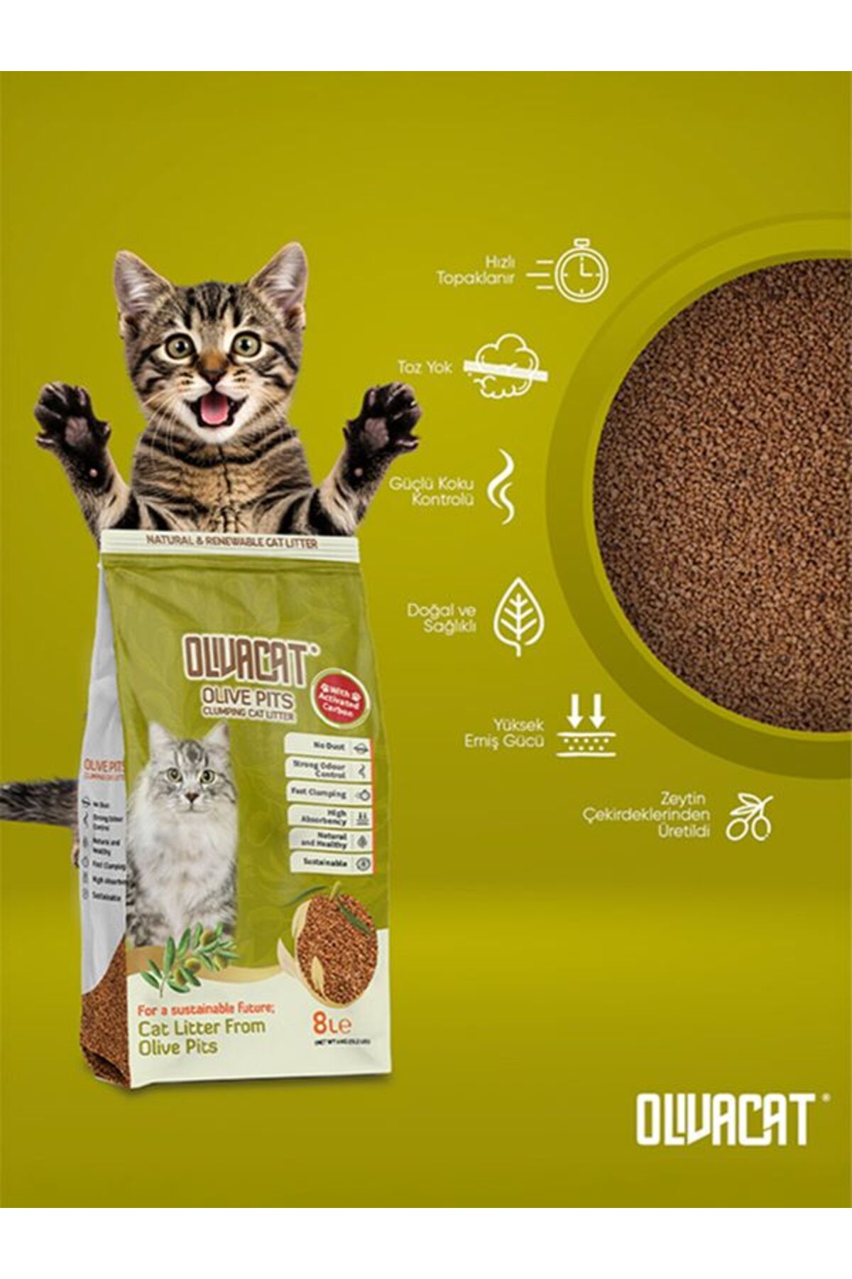 Olivacat Zeytin Çekirdeğinden Üretilen Aktif Karbonlu Tozsuz Doğal Kedi Kumu 8 L - Görsel 2