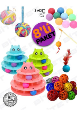 bite pet 8'Lİ OYUN SETİ: 3 KATLI KEDİ OYUNCAĞI+TÜYLÜ TOP+KEDİ OLTASI+YUMAK TOP+ZİLLİ TOP+ 3 ADET OYUN TOPU