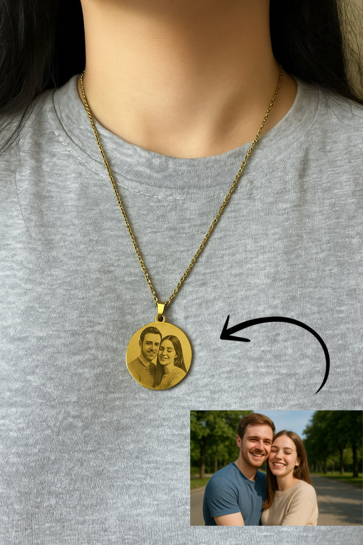 Vamoria Kişiye Özel Resimli Gold Renk Çelik Madolyon Kolye