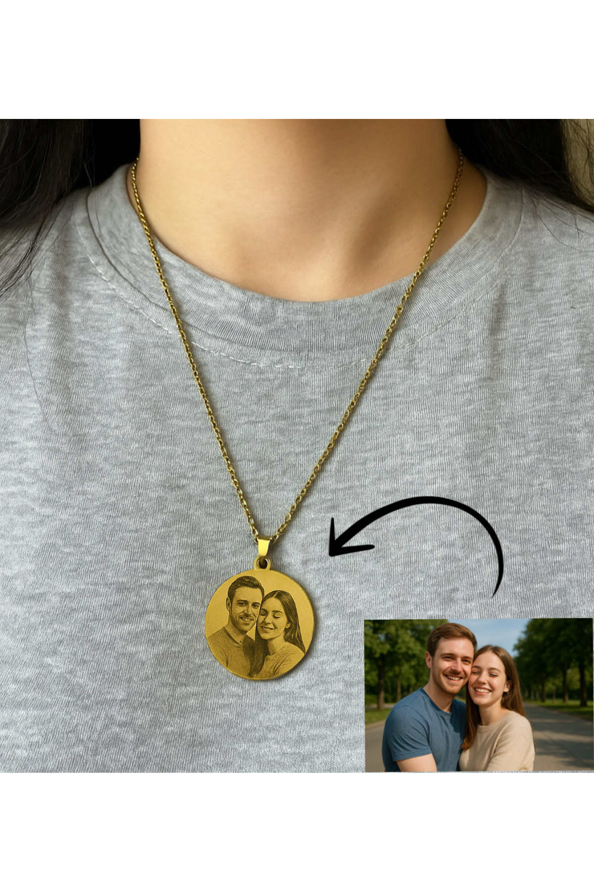 Vamoria Kişiye Özel Resimli Gold Renk Çelik Madolyon Kolye - Görsel 2