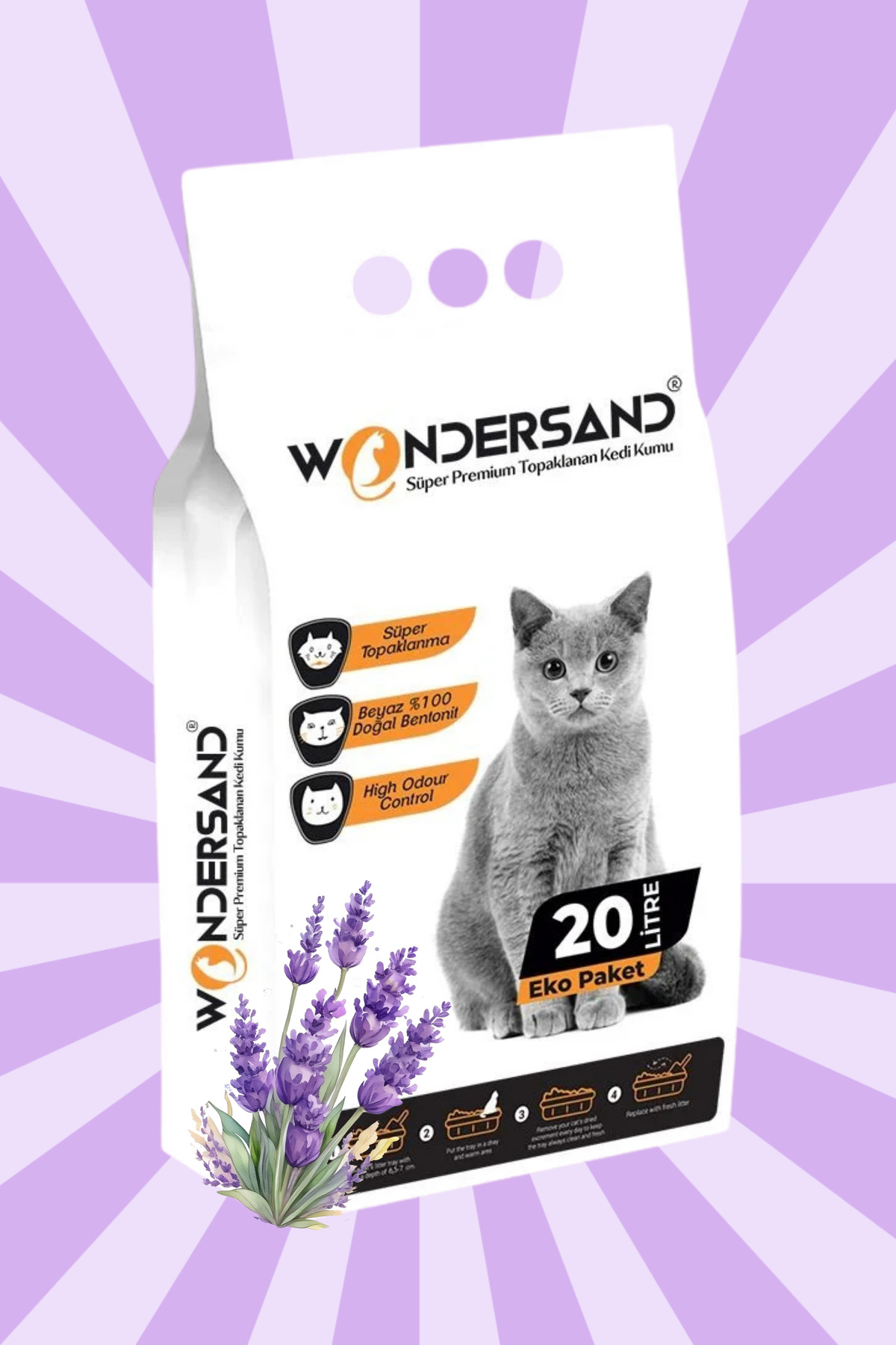 wondersand 20 Litre %100 Beyaz Bentonit Ince Tane Lavanta Kokulu Topaklanan Premium Kedi Kumu