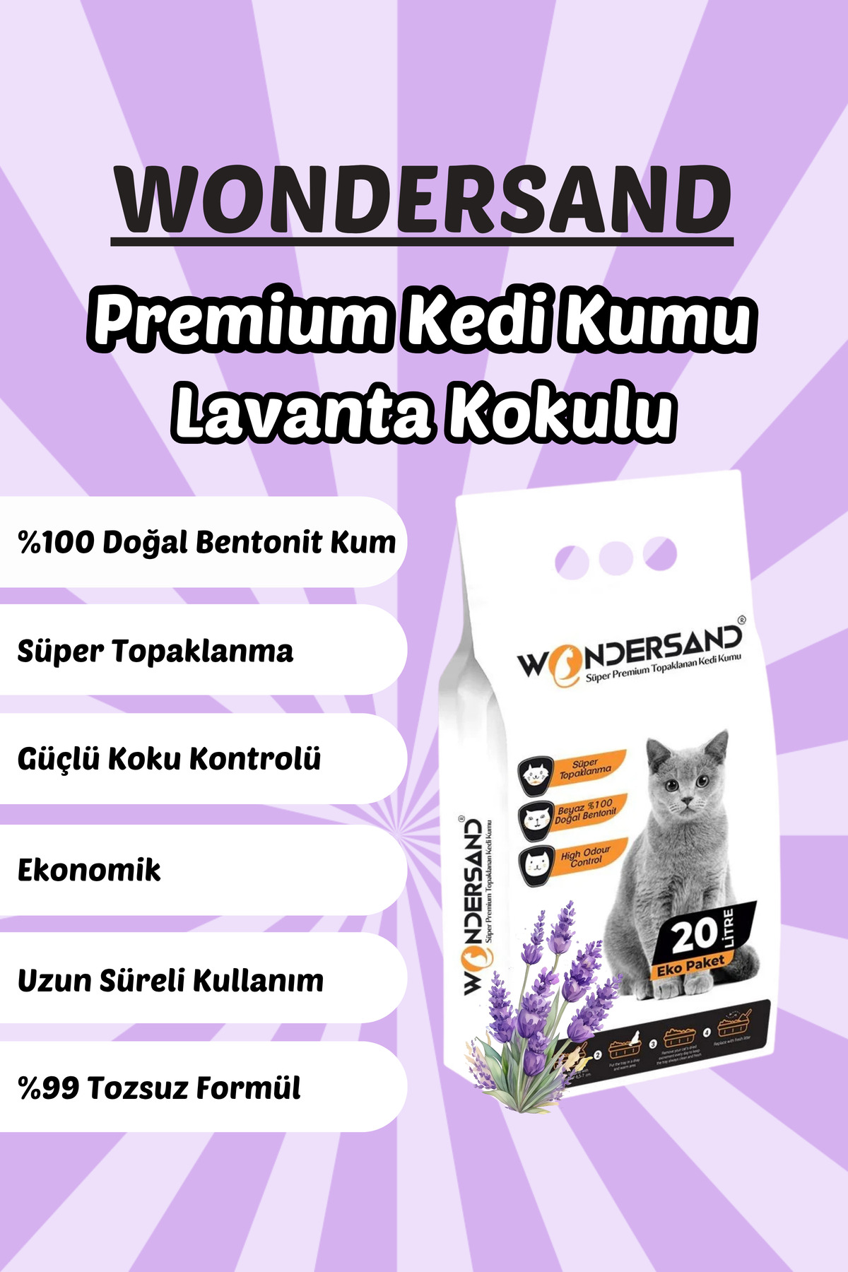 wondersand 20 Litre %100 Beyaz Bentonit Ince Tane Lavanta Kokulu Topaklanan Premium Kedi Kumu - Görsel 2