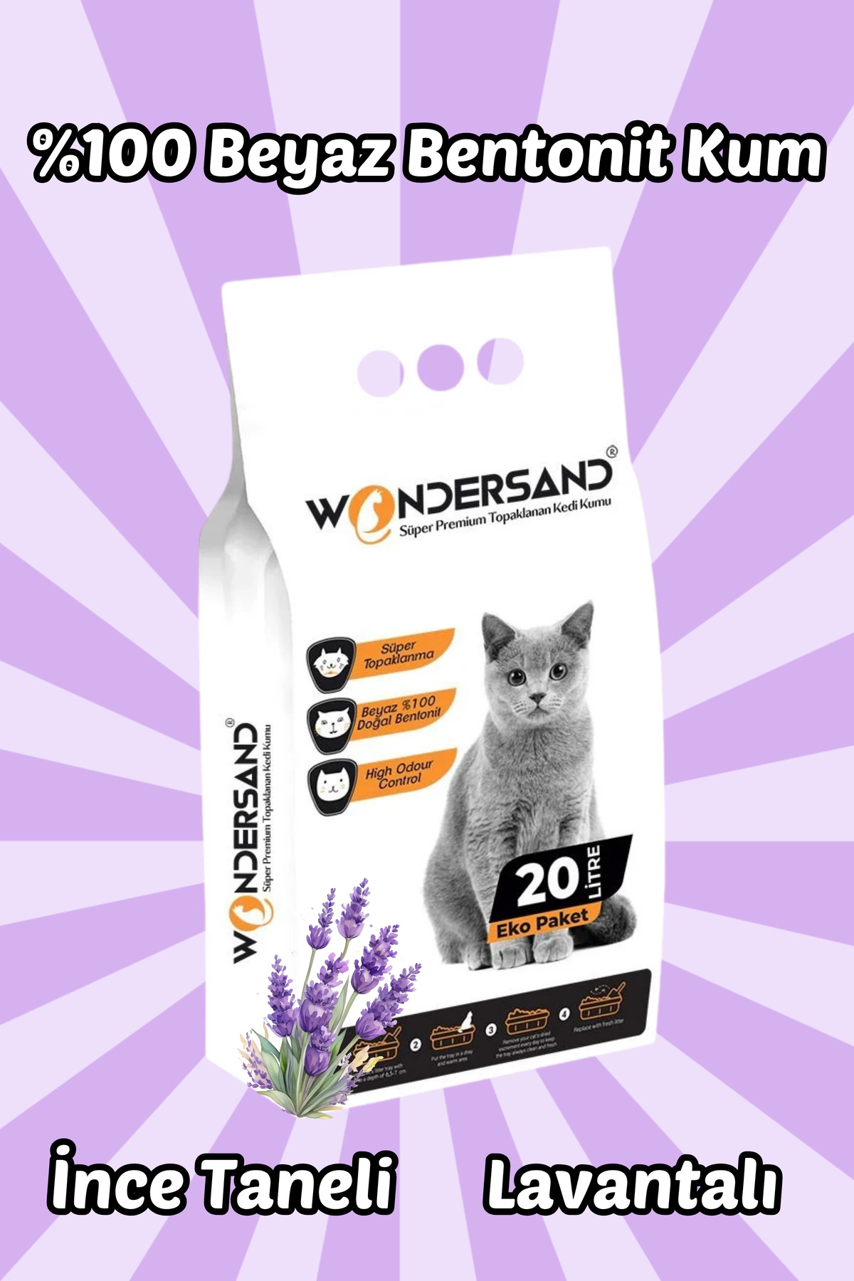 wondersand 20 Litre %100 Beyaz Bentonit Ince Tane Lavanta Kokulu Topaklanan Premium Kedi Kumu - Görsel 3