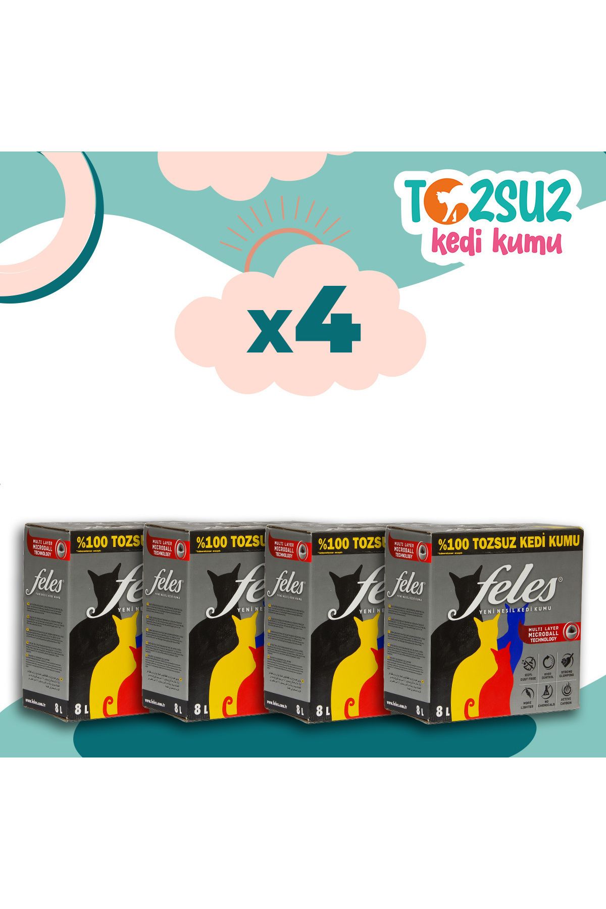 FELES Tozsuz Kedi Kumu 4 Adet Kutu (TAMAMEN DOĞAL , AKTİF KARBONLU)