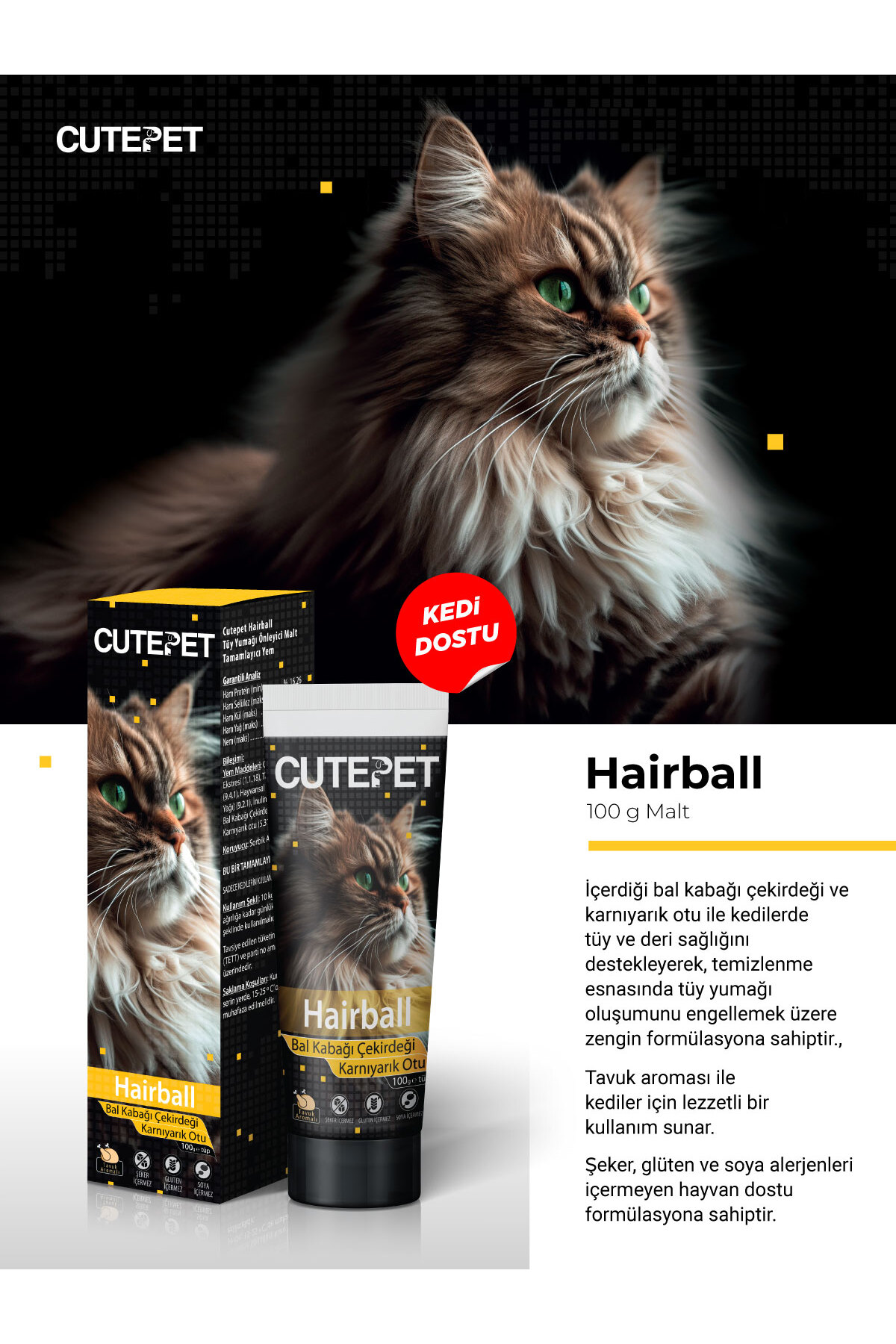 CutePet Hairball Tüy Yumağı Önleyici Kedi Maltı 100 gr - Görsel 2