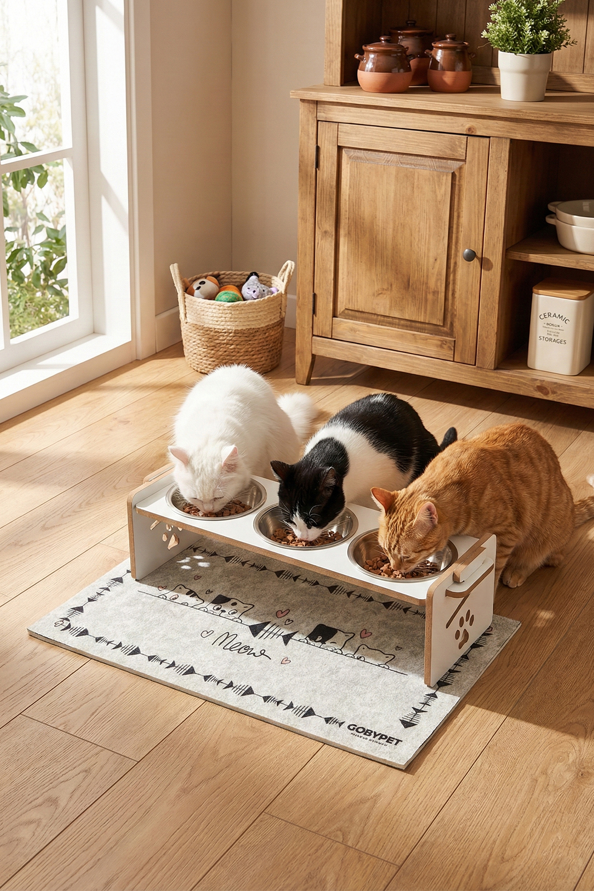 GOBYPET Ahşap Üç Gözlü Ayarlanabilir Kedi-Köpek Mama Ve Su Kabı