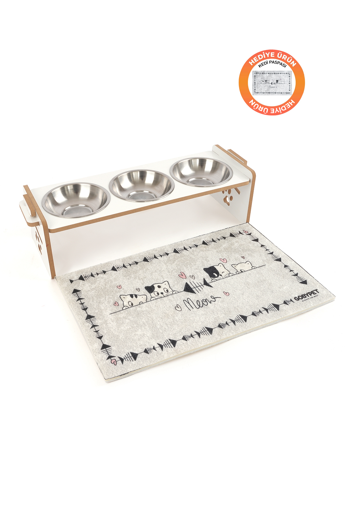 GOBYPET Ahşap Üç Gözlü Ayarlanabilir Kedi-Köpek Mama Ve Su Kabı - Görsel 2