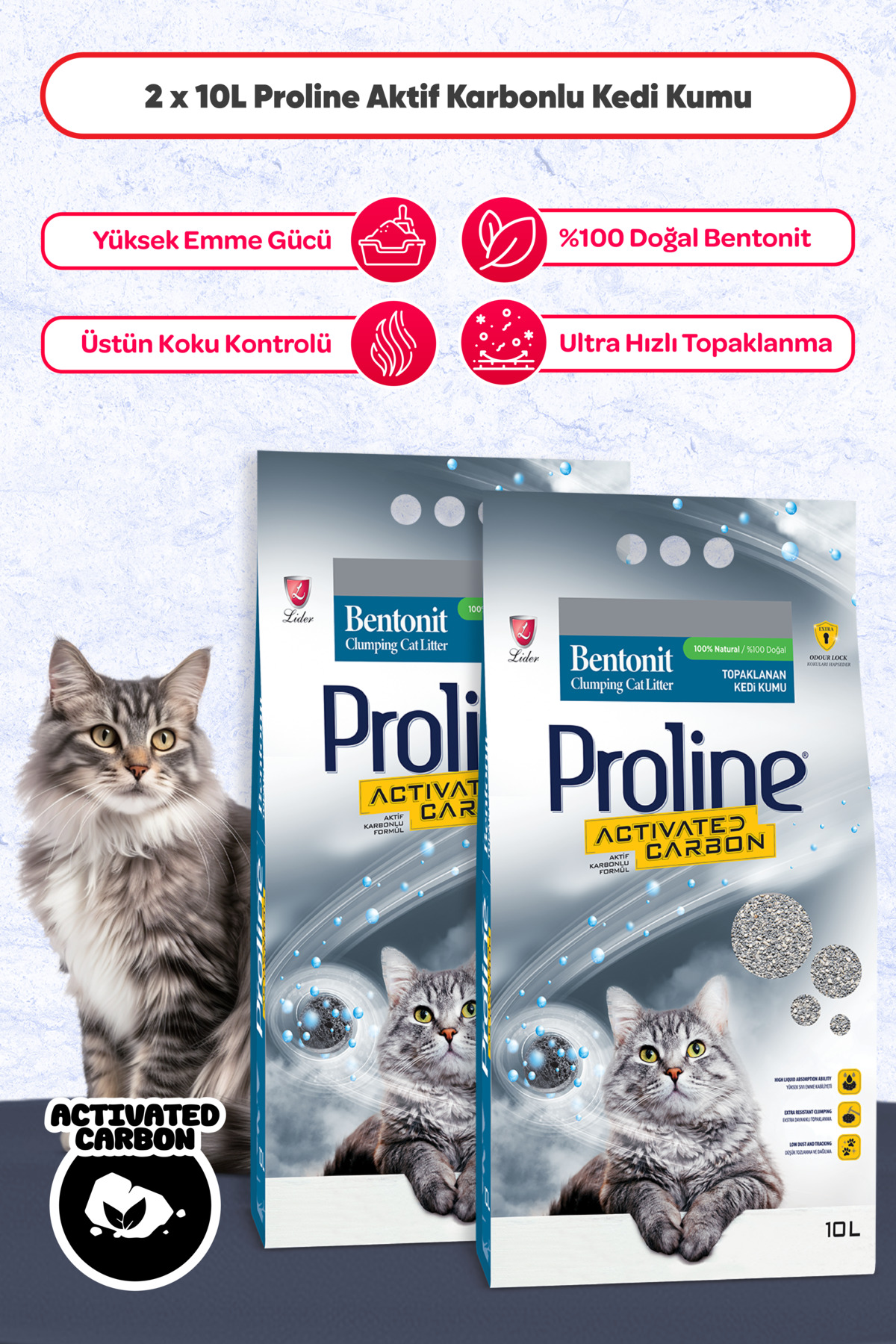 Pro Line Aktif Karbonlu Topaklanan Kedi Kumu 2 X 10 Lt
