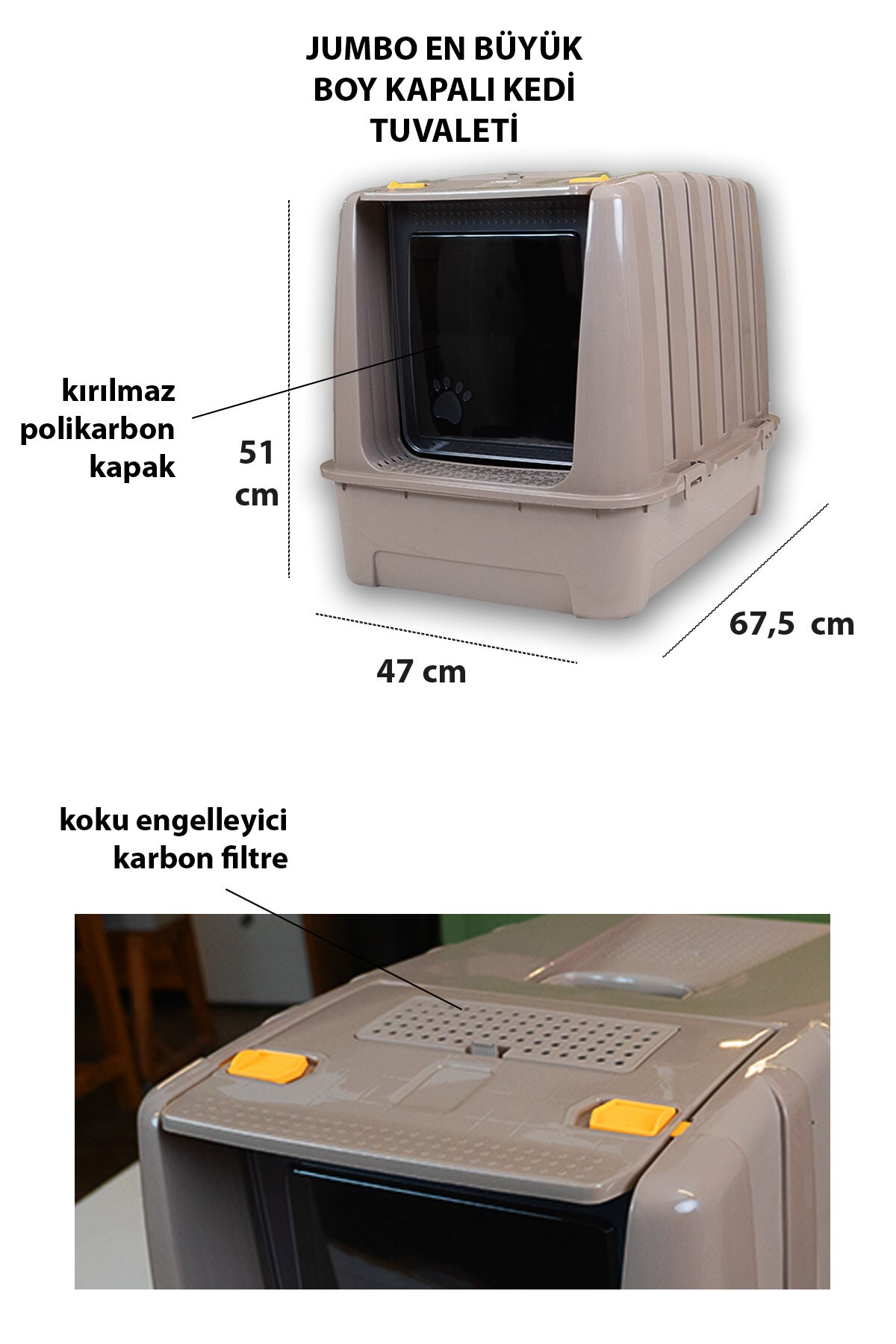 Kurtbay Şekil Jumbo Dev Büyük Boy Kapalı Kedi Tuvaleti, Filtreli ve Kürek Hediyeli, 67,5x47x51 cm - VN11095 - Görsel 2