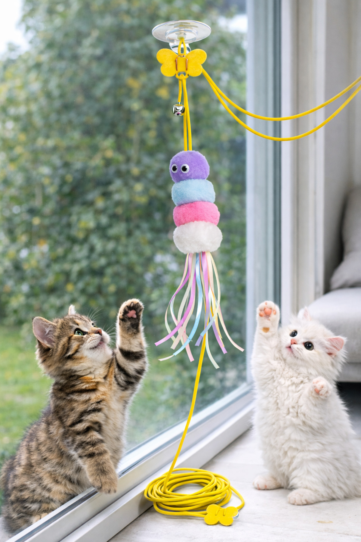 Papağanhane Pastel Renkli Yapışkanlı Kedi Oltası | Tavana Asılan Zilli Tırtıl Oyuncak Uzun İp - Görsel 3