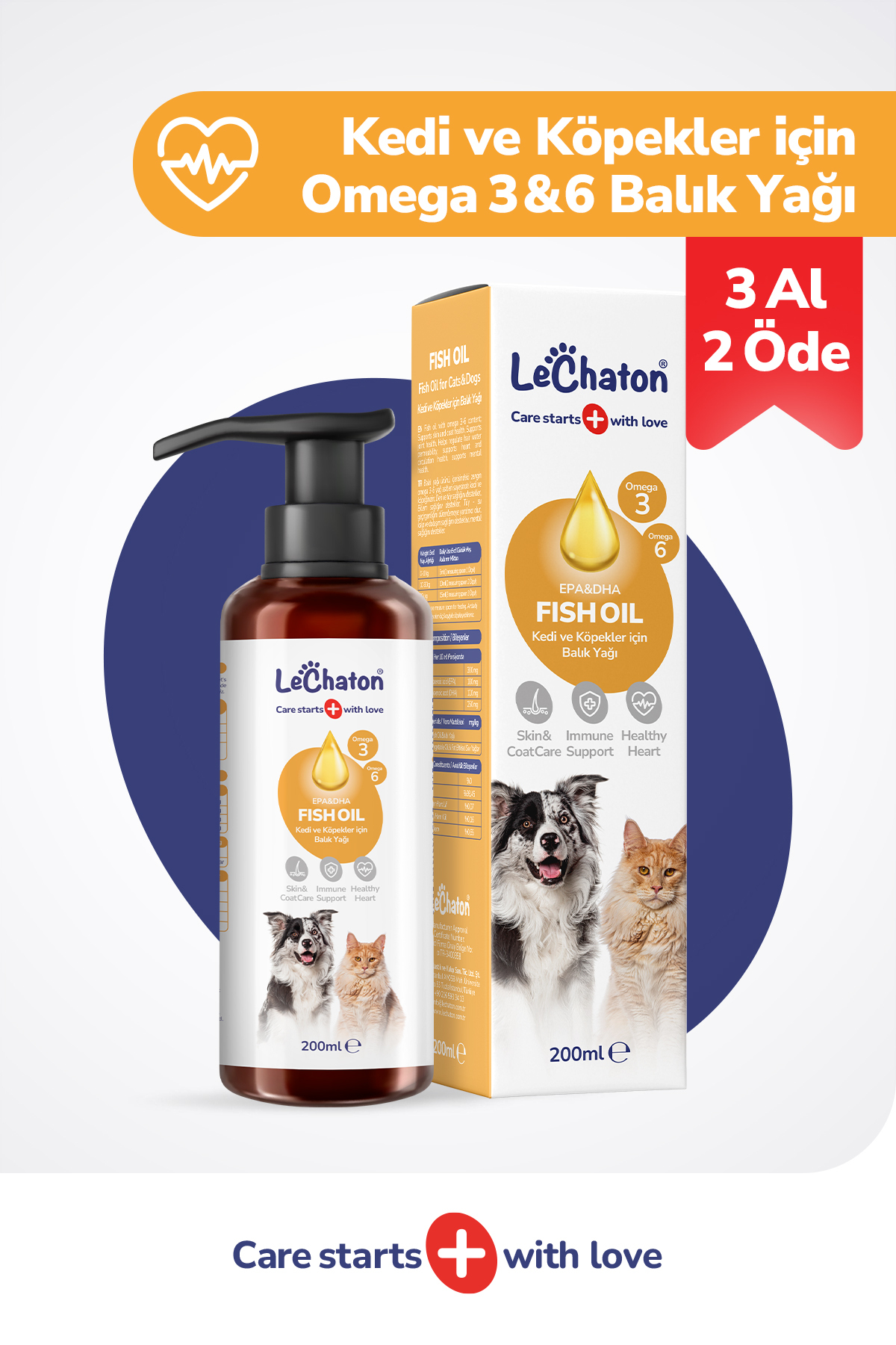 LeChaton Pet Care Fish Oil - Kedi Ve Köpek Için Balık Yağı 200ml Omega 3 ve 6 Takviyesi Tüy ve Cilt Sağlığı Desteği