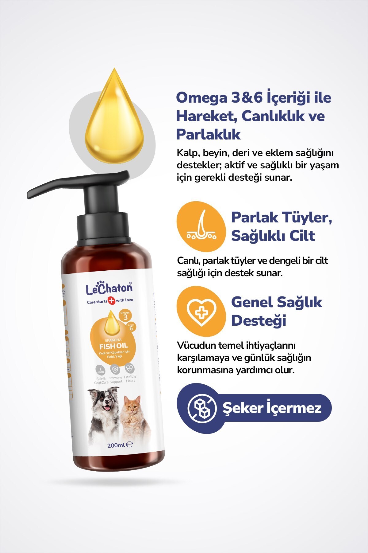 LeChaton Pet Care Fish Oil - Kedi Ve Köpek Için Balık Yağı 200ml Omega 3 ve 6 Takviyesi Tüy ve Cilt Sağlığı Desteği - Görsel 2