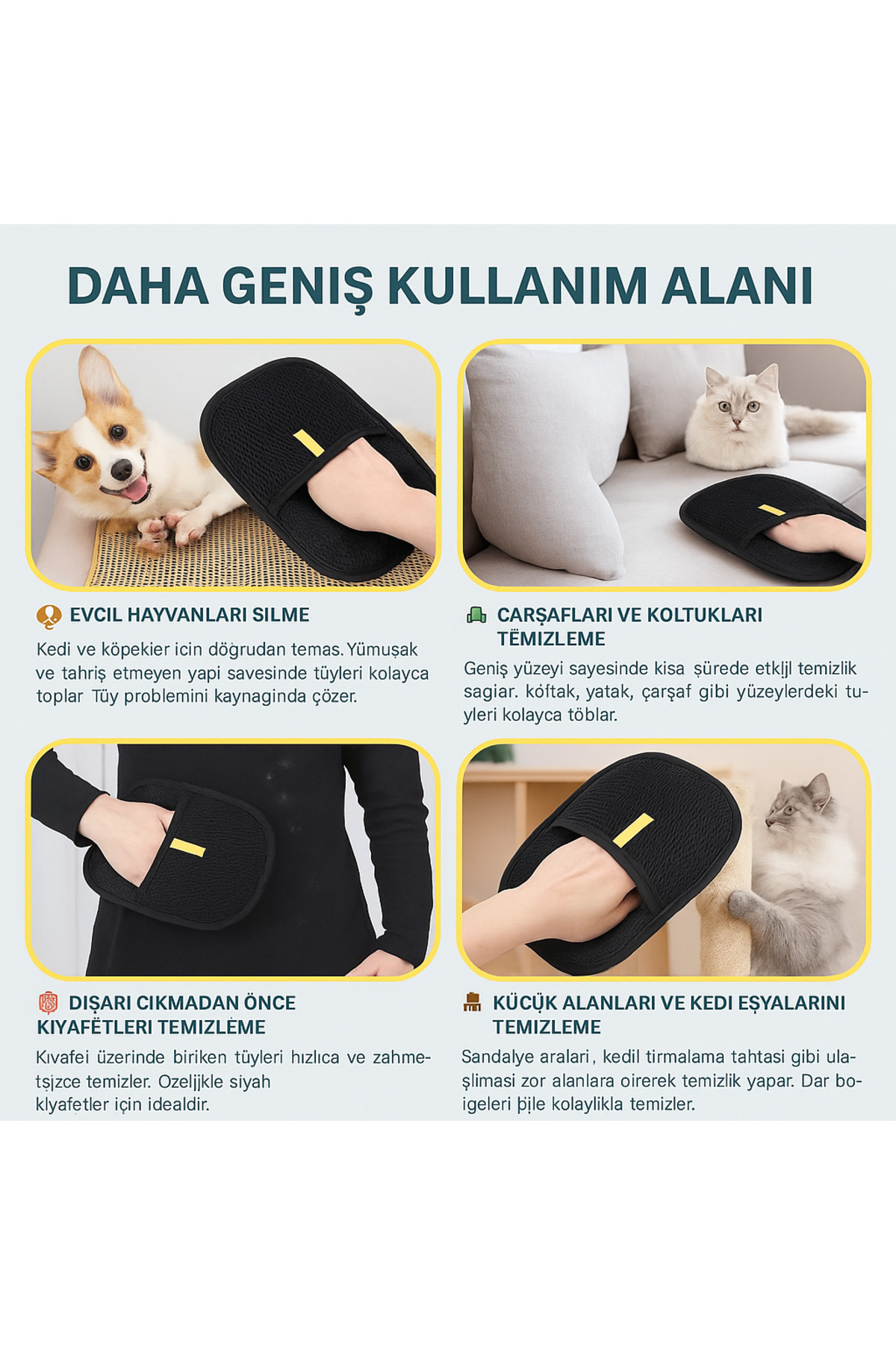 BLUE SİDE Çift Taraflı Büyük Boy Kedi Köpek Tüy Toplama Eldiveni Tüy Toplama Aparatı Giysiler Koltuk Halılar - Görsel 2