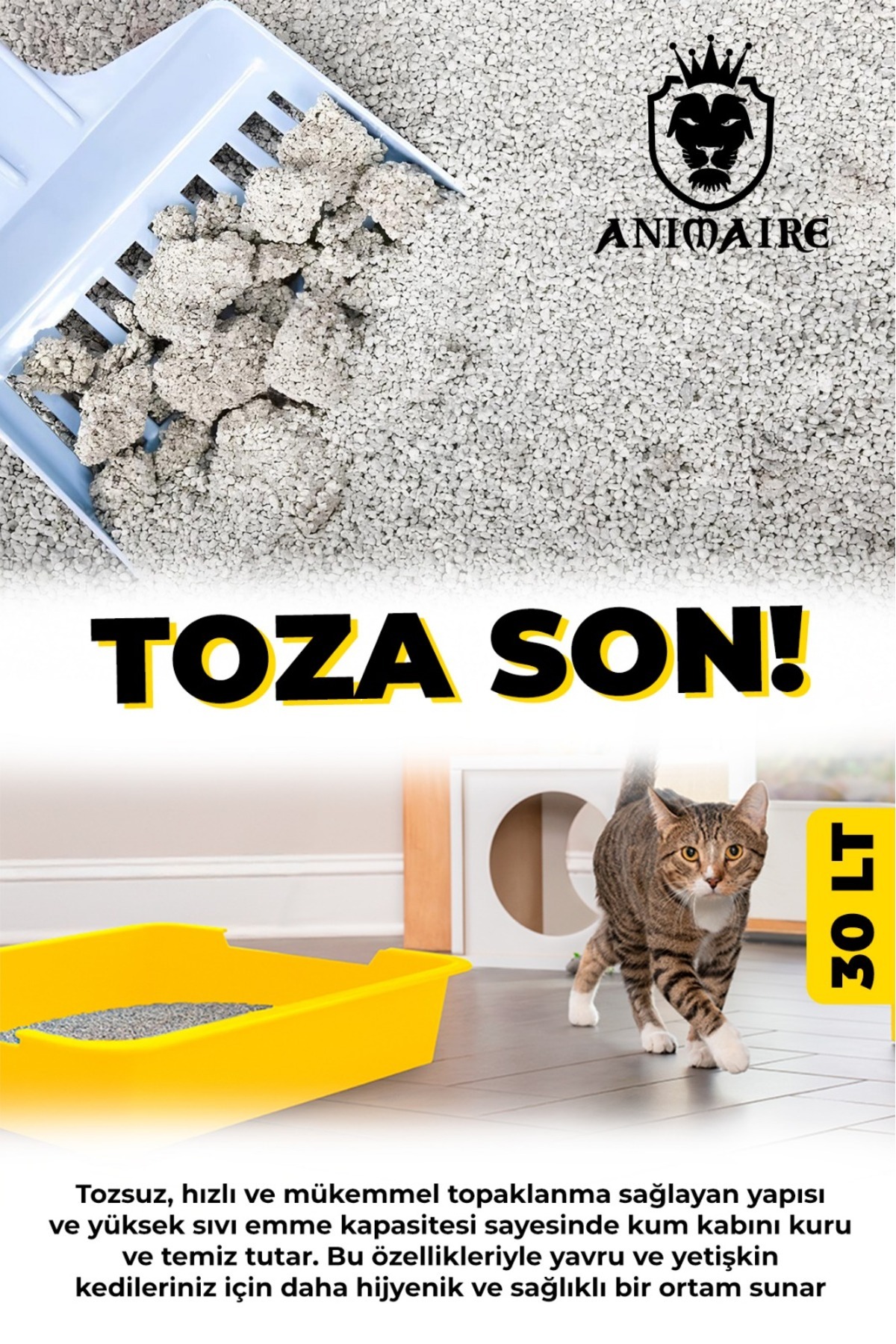 Animaire Aktif Karbonlu Topaklanan Kokusuz %100 Doğal Killi Yeni Nesil Kedi Kumu 30 Lt - Görsel 3