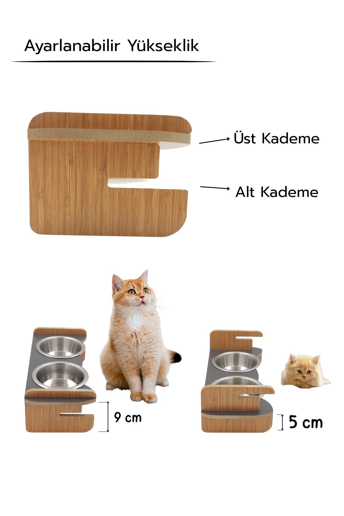 hural ahşap dekorasyon Yüksekliği Ayarlanabilir Ahşap Standlı Mama ve Su Kabı - Görsel 2