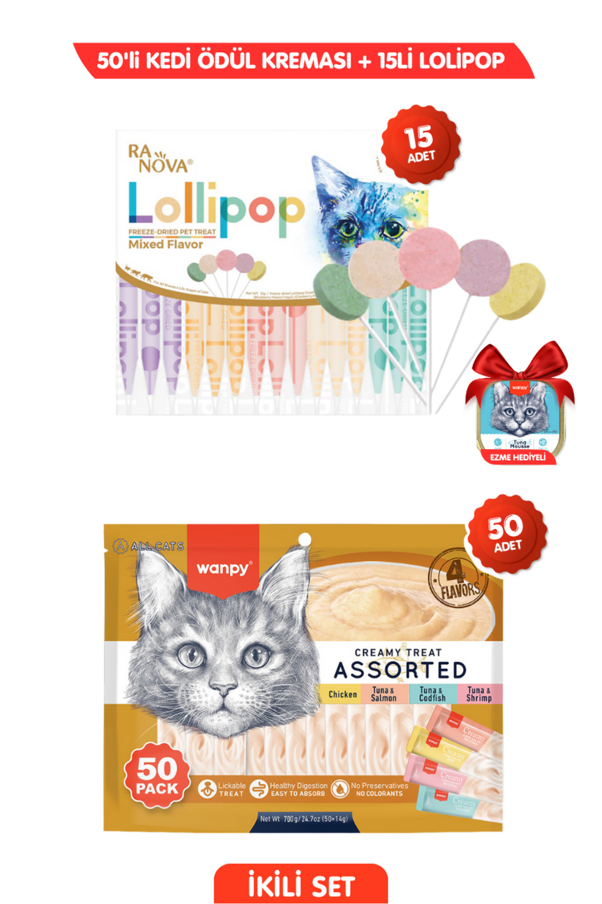 Wanpy 2li Ödül Seti: 50 Adet 4 Lezzet Krema Kedi Ödülü + 15li Ranova Maltlı Kedi Lolipopu Ezme Hediyeli