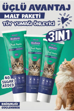 Biofurx Kedi Malt Macunu 3’lü Set 3x100g | Tüy Yumağı Önleyici Macun | Tamamlayıcı Yem | Tasma Hediyeli