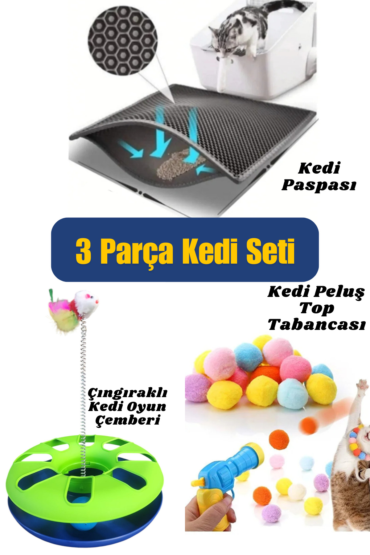 ego home 3 Parça Kedi Seti Oyun Ve Bakım Seti Kedi Bakım Seti Kedi Çemberi-Kedi Paspası-Kedi Tabancası