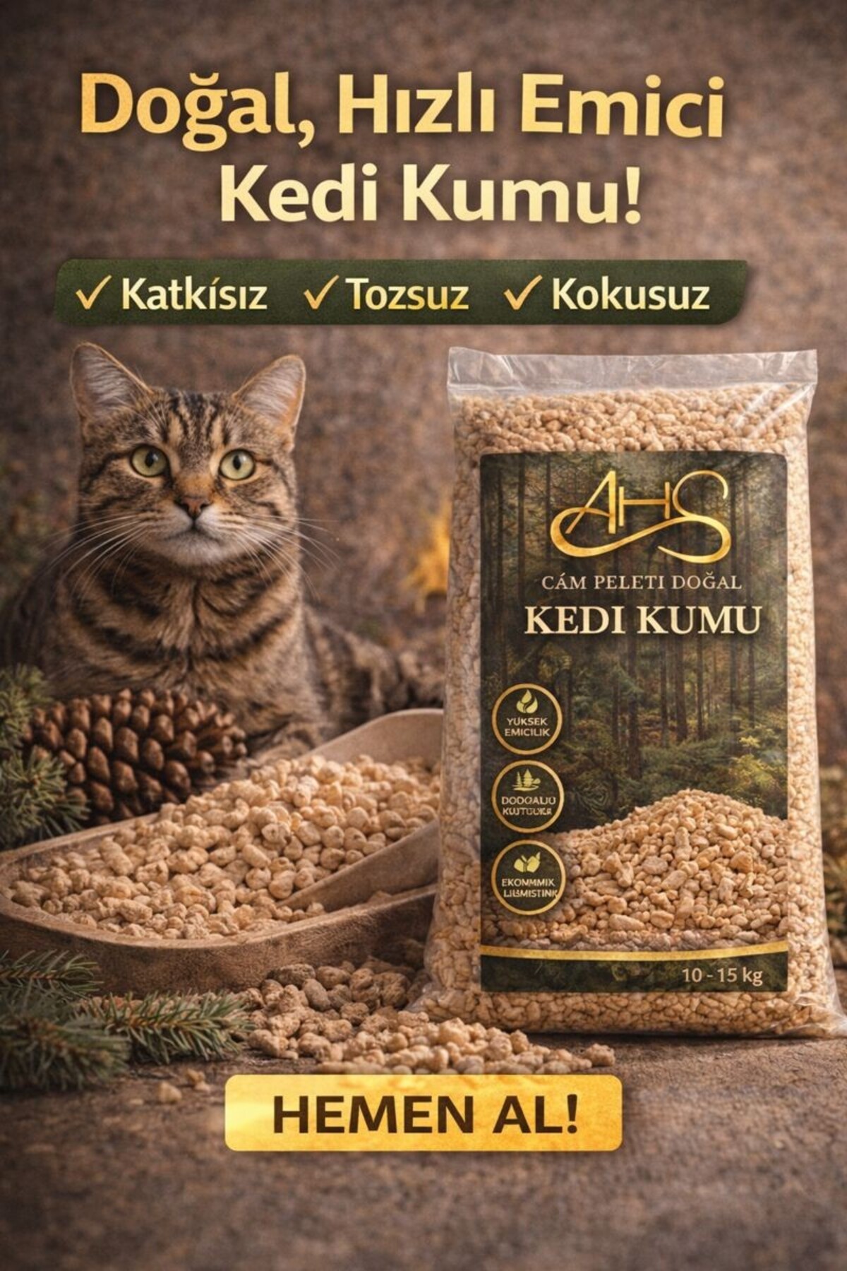 AHS Çam Peleti Kedi Kumu | Doğal, Ekonomik, Yüksek Emicilik, Çam Kokulu 15 Kg 30 Litre - Görsel 2