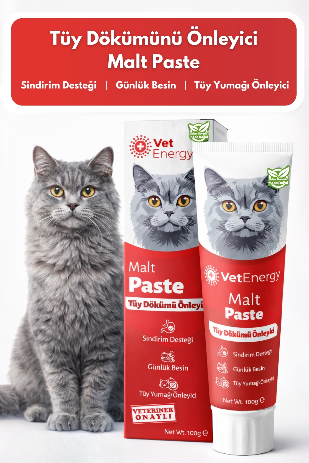 VetEnergy Malt Paste 100 g – Tüy Dökümü Önleyici, Tüy Yumağı Karşıtı, Sindirim Destekli Kedi Maltı