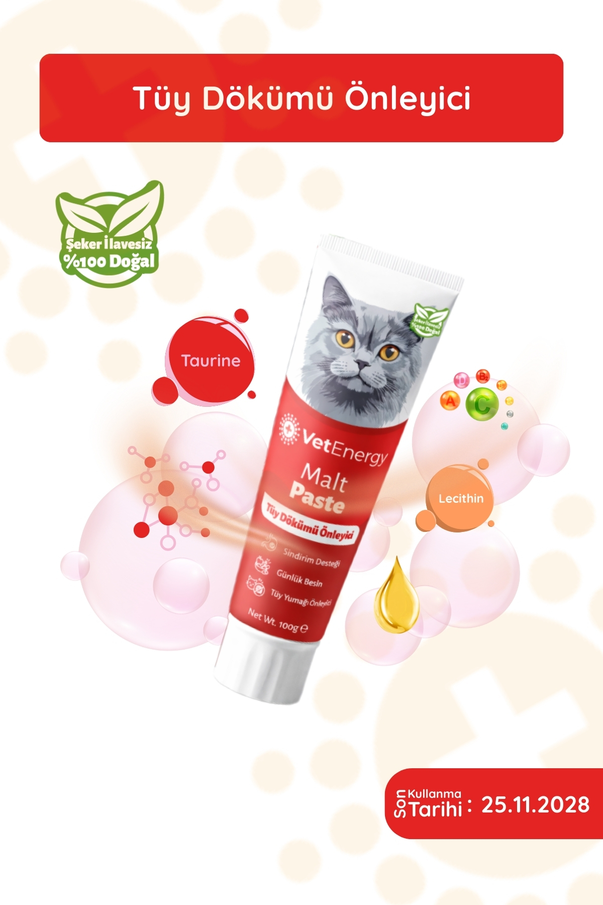 VetEnergy Malt Paste 100 g – Tüy Dökümü Önleyici, Tüy Yumağı Karşıtı, Sindirim Destekli Kedi Maltı - Görsel 3