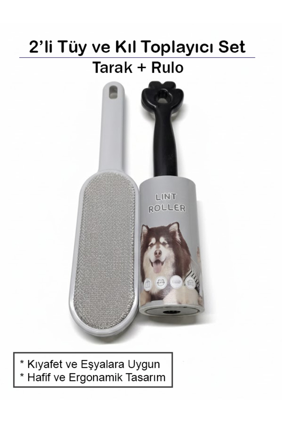 HCB EV AKSESUARLARI Tüy ve Kıl Toplayıcı 2'li Set (Tarak + Rulo) Kıyafet, Koltuk, Kedi ve Köpek Tüyü Temizleme Fırçası