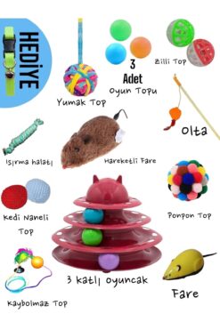 HKEVCİLPET 13+1 KEDİ OYUN SETİ:3 KATLI OYUNCAK,HAREKETLİ FARE,OLTA,YUMAK TOP,ISIRMA OYUNCAĞI