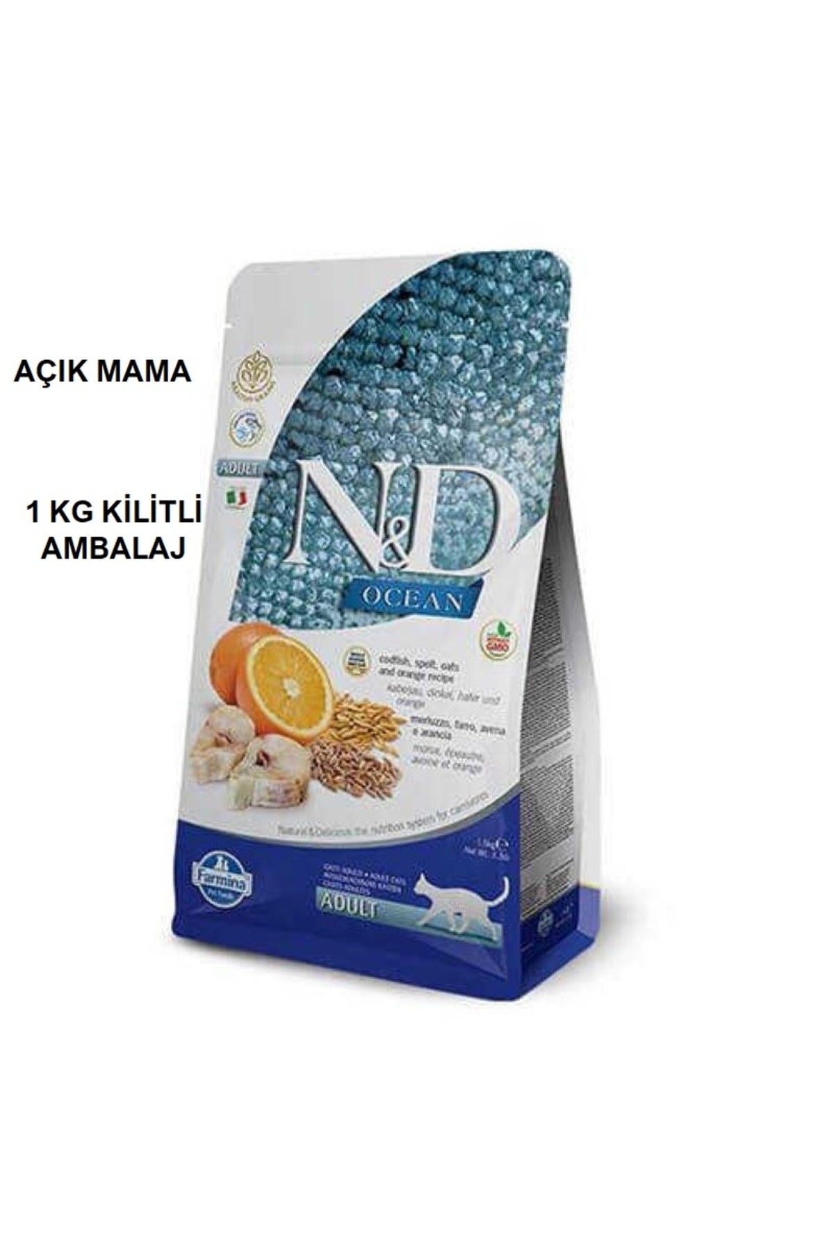 N&D OCEAN (DÜŞÜK TAHILLI) MORİNA BALIĞI & PORTAKAL YETİŞKİN 1KG KİLİTLİ AMBALAJ
