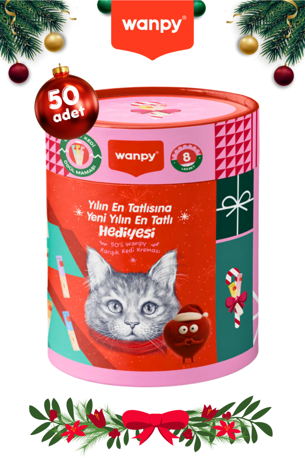 Wanpy 8 Lezzet 50li Kedi Ödül Kreması Yılbaşı Paketi Özel Kutulu - Sticker & Ayraç Hediyeli