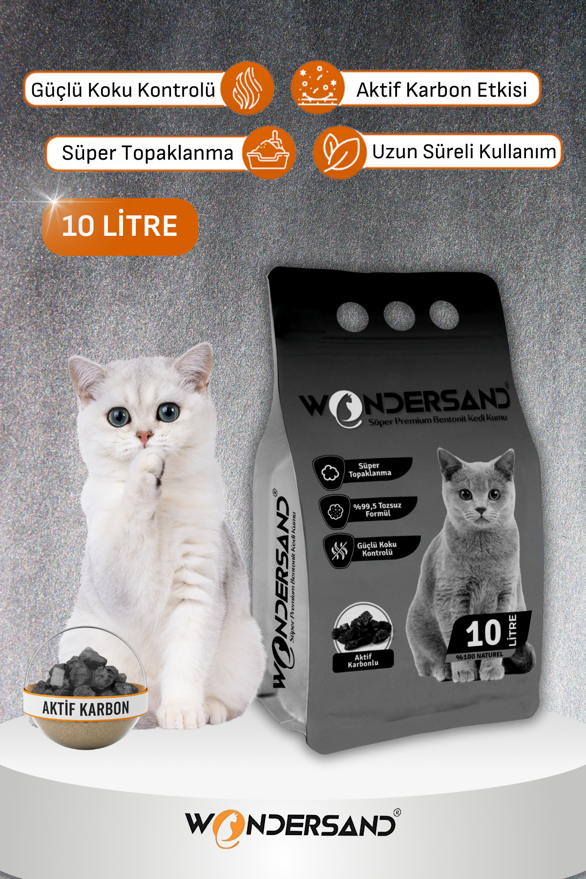 wondersand AKTİF KARBON SÜPER PREMİUM KEDİ KUMU 10 LT