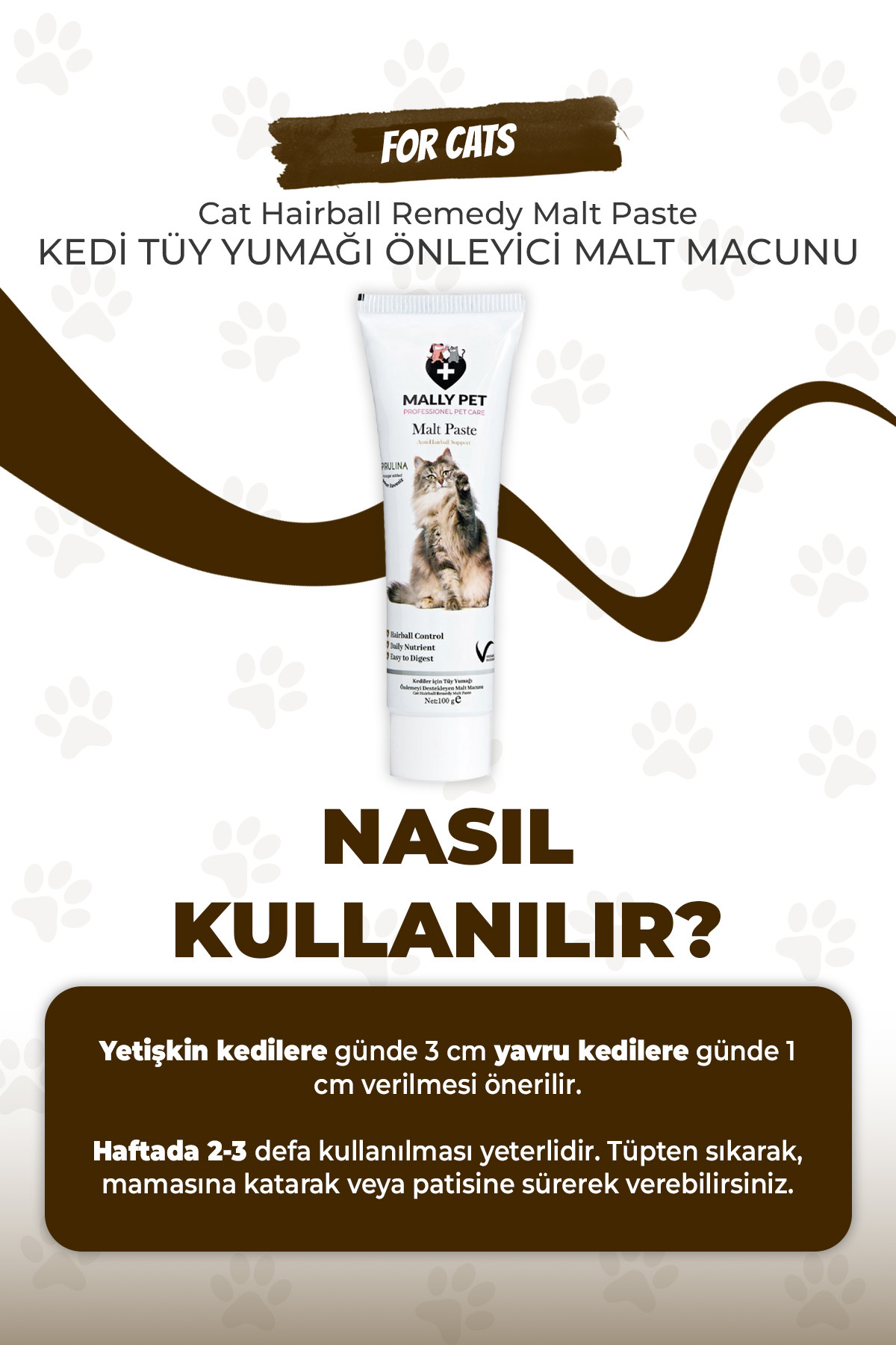 MALLY PET PROFESSIONEL PET CARE Kediler İçin Malt Paste – Tüy Yumağı Önleyici, Sindirim Destekli, Lezzetli Macun - Görsel 3