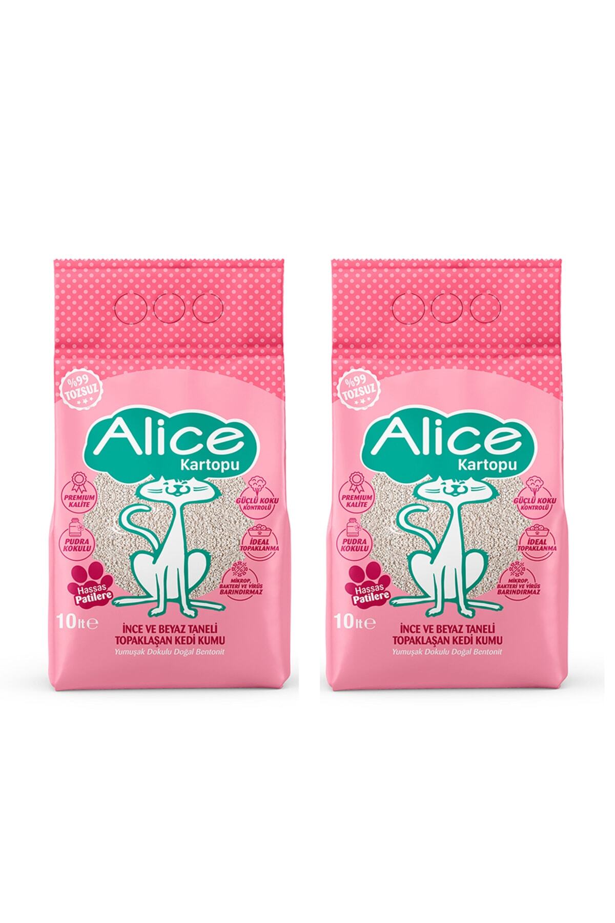 Alice Kartopu İnce ve Beyaz Taneli Pudra Kokulu Kedi Kumu 2x10 lt.