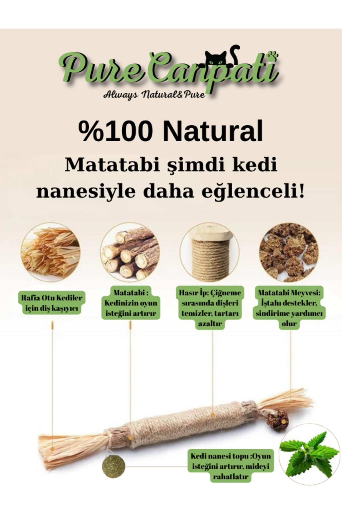 PureCanpati Kedi Naneli Matatabi Çubuğu– Kediler Için Doğal Oyun ve Mutluluk 🌿🐾 1 Adet