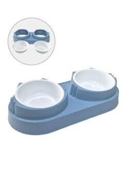Sevpatik İkili Kedi Köpek Mama Ve Su Kabı - Eğimli Kedi Kulaklı Tasarım Mavi