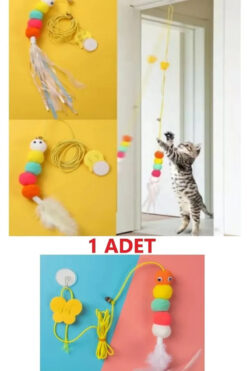 ego home Çıngıraklı Kedi Oyuncağı Yapışkanlı Kedi Oyun Oltası Renkli Ponponlu Tırtıl Oyuncak Zıplayan Top