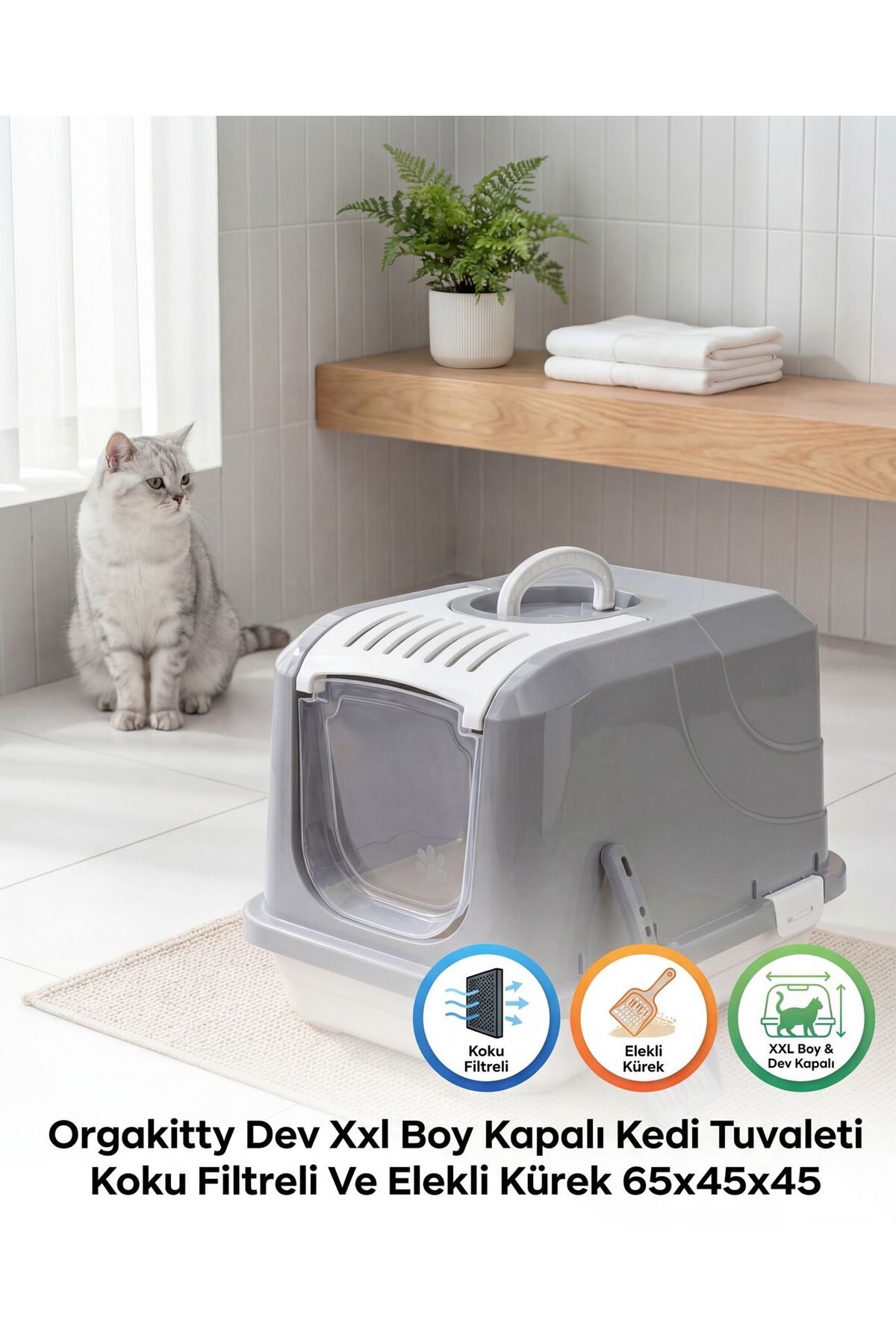 Orgakitty Dev XXL Boy Kapalı Kedi Tuvaleti Koku Filtreli Ve Elekli Kürek 65x45x45 - Görsel 2