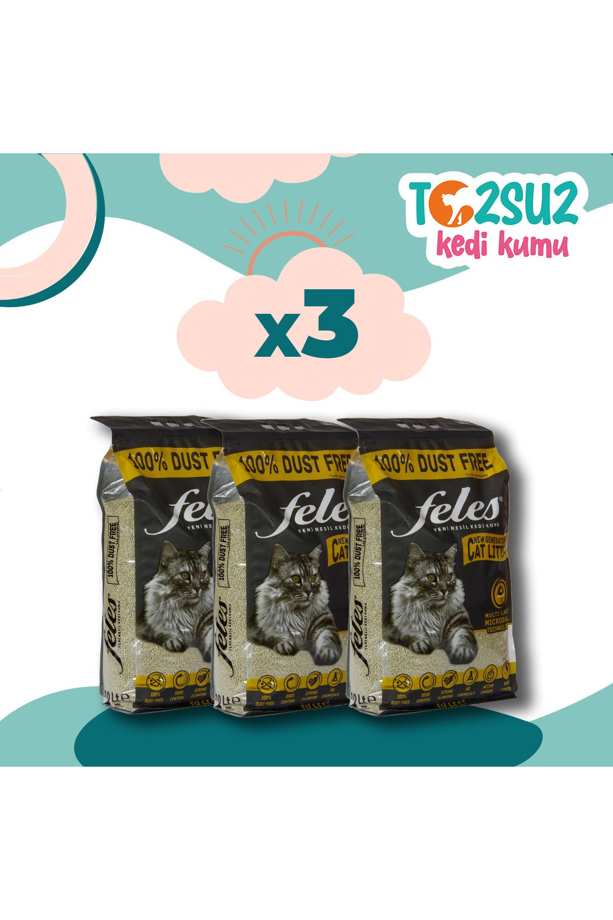 FELES Tozsuz Kedi Kumu 3 Adet Poşet (TAMAMEN DOĞAL , AKTİF KARBONLU)