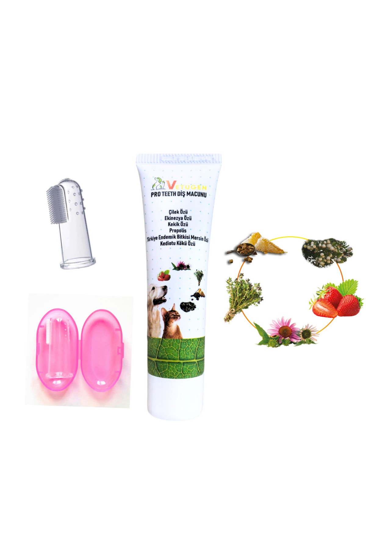 VETUGEN %100 Doğal Aktif Bileşenli Kedi Köpek Diş Macunu + 1 Adet Pembe Kapaklı Parmak Fırça
