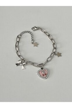 sleyshop Kalın Zincirli Coquette Pembe Taşlı Kalp Kiraz Bileklik